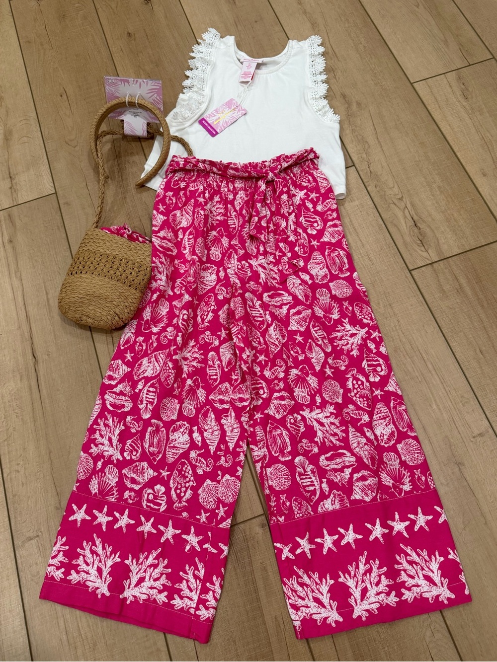 Tommy Bahama Girls Shell Print Wide-Leg Pants Outfit (matching purse & headband)